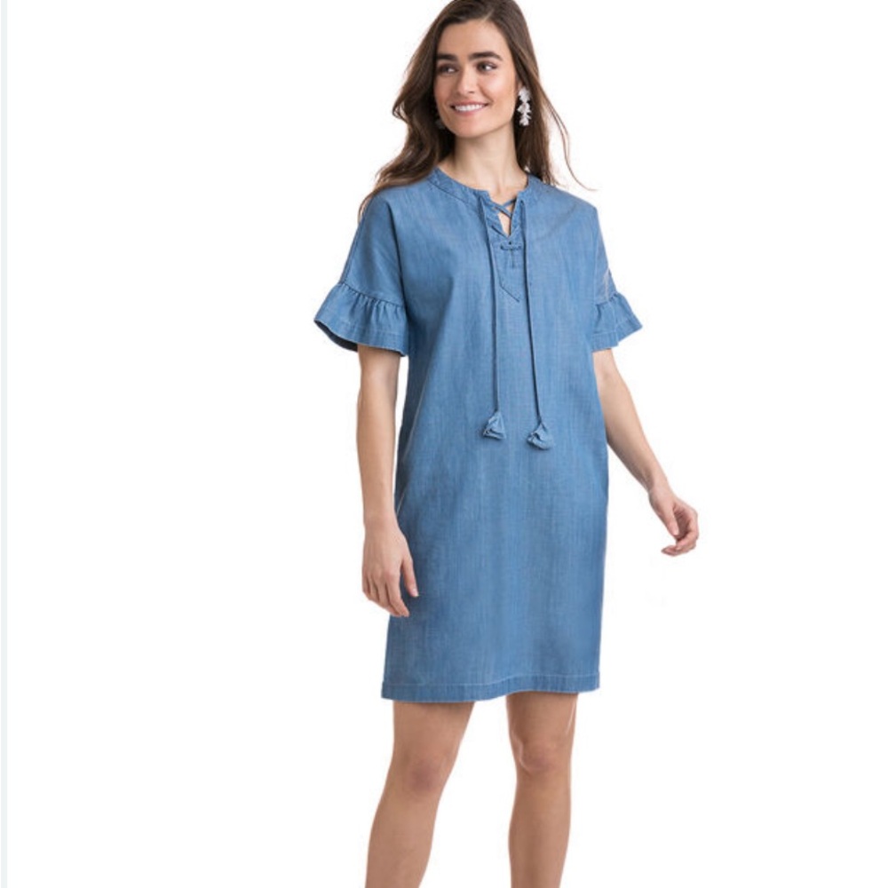NWT Vineyard Vines Chambray Flutter Sleeve Lace up Dress in Summer Evening, 10